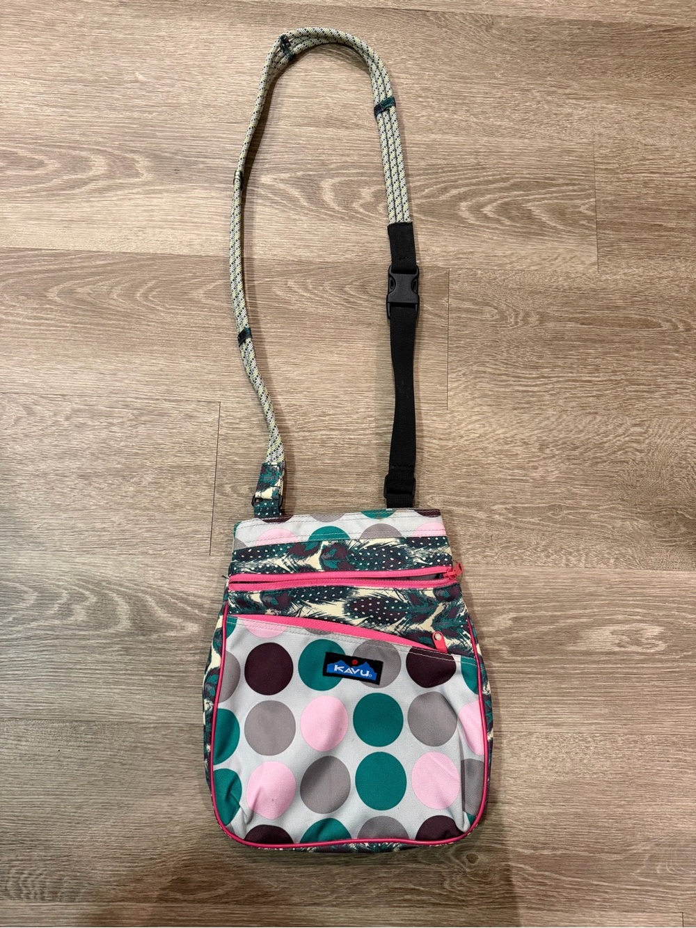 KAVU Teal Pink Gray Polka Dot Crossbody Bag